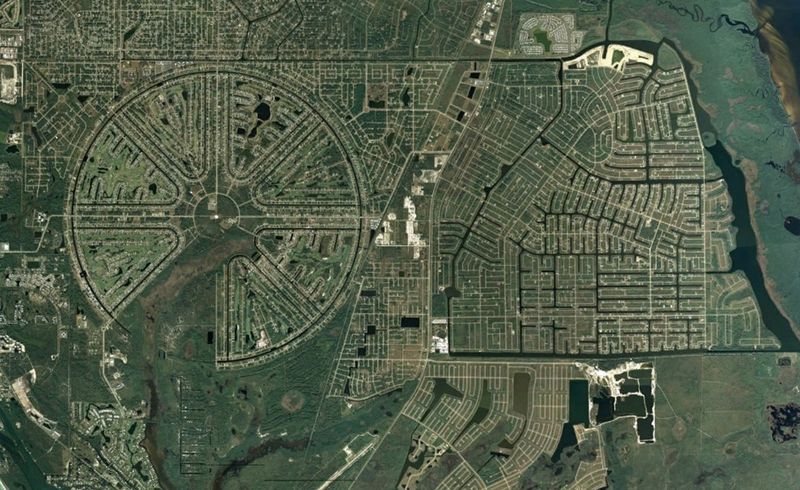 Район Ротонда Вэст, первоначально застроенный в 1960-ых годах, так и не был завершен. Он находится в округе Шарлотты, штат Флорида. (© Google/Data SIO, NOAA, U.S. Navy, NGA, GEBCO)
